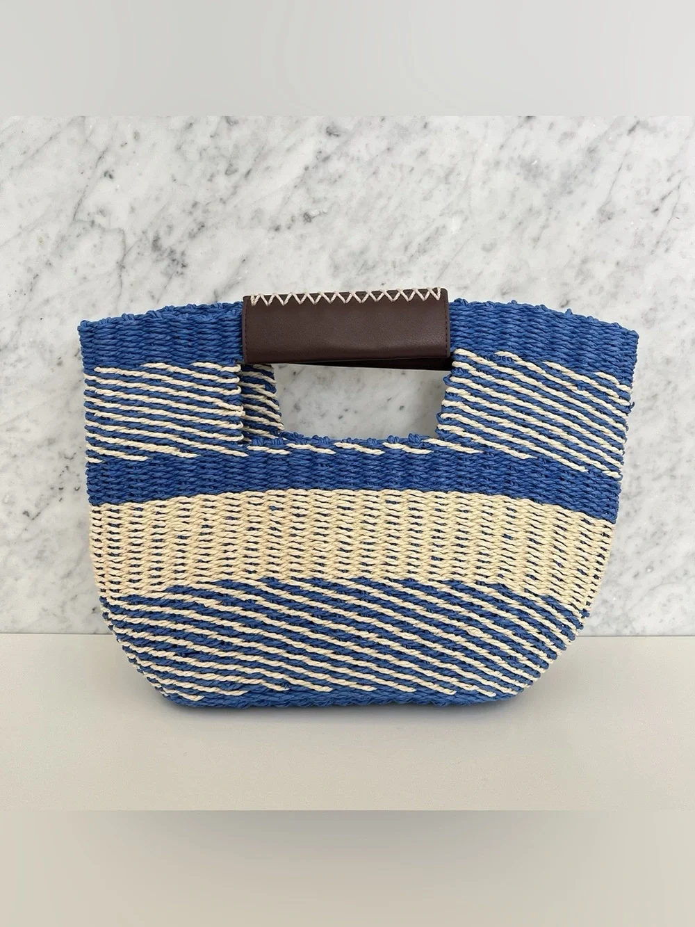 NEW Scoop NYC Woven Straw Bag Blue Natural Lined Nautical Resort Summer Beach
